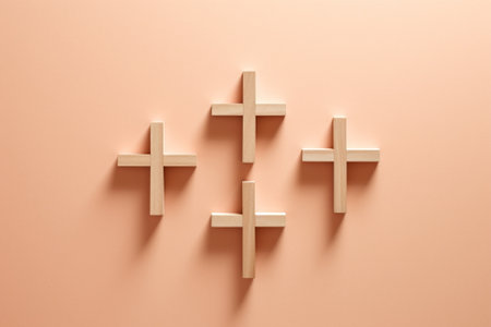 Generative AI : three wooden christian crosses on the old brown leather backgroundの素材