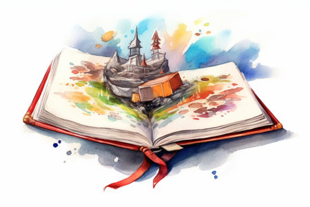 Generative AI : watercolor colorful illustration book and skyの素材
