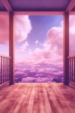 Generative AI : sunset sky and wood floor retro filtered instagram style background imageの素材