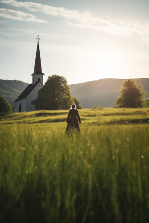 Generative AI : Beautiful sunset landscape of church Jamnik in Slovenia on green hill with the trees and pink skyの素材