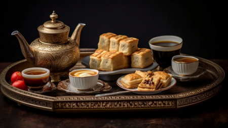 Generative AI : Clay teapot with sweets cup pie and nuts on the sack backgroundの素材