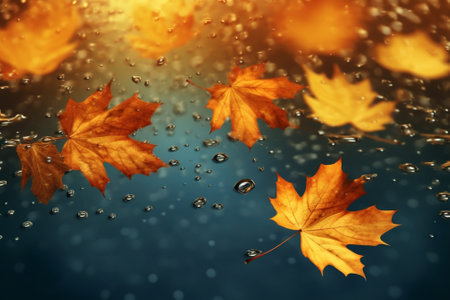 Generative AI : Frame from vivid colorful autumn leaves with water reflection natural seasonal backgroundの素材