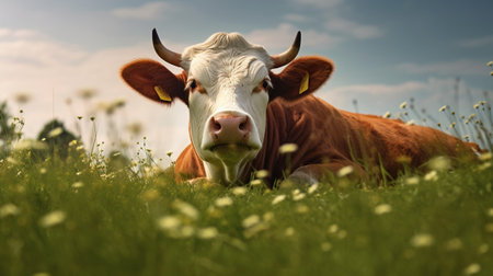 Generative AI : Dairy cow lying at green mountain meadowの素材