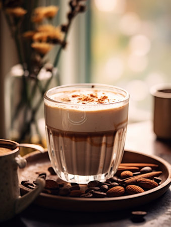 Generative AI : Latte and macchiato coffee cocktail in a cafe with spoonの素材