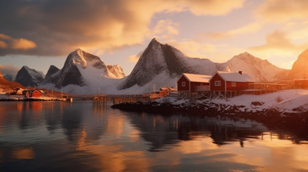Generative AI : Landscape with beautiful winter lake red rorbu house and snowy mountains at sunset at Lofoten Islands in Northern Norway Panoramic viewの素材