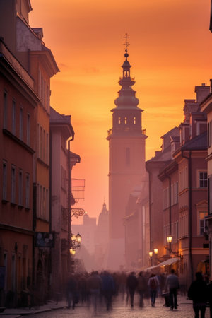 Generative AI : Market square in Cracow at misty night with St Marys Basilica with golden skyの素材