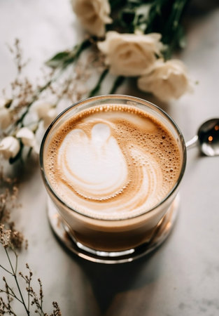 Generative AI : Latte coffee cocktail in a cafe with spoon and napkinの素材