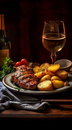 Generative AI : Roasted sheep meat with potatoes on dish in restaurantの素材