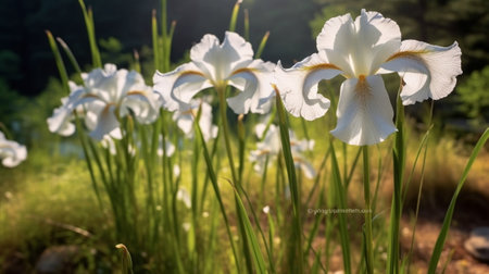 Generative AI : White yellow iris flowers blooming in spring at the church yard summer seasonal floral backgroundの素材