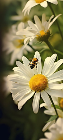 Generative AI : Wild camomile daisy flowers growing on green meadow with bee animalの素材