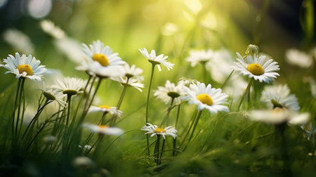 Generative AI : Wild camomile flowers growing on green meadow macro image with sunlightの素材