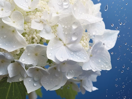 Generative AI : Many blue hydrangea flowers growing in the garden with water reflection floral backgroundの素材