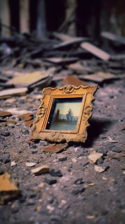 Generative AI : abandoned interior with picture framesの素材