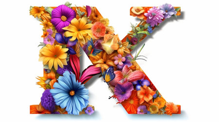 Generative AI : alphabetical letter X made of flowers clipping pathの素材