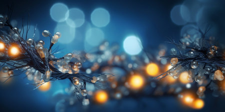 Generative AI : blue abstract background with christmas lights and copy space for textの素材