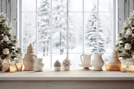 Generative AI : christmas decoration on old white wooden table in the living room with big windowの素材