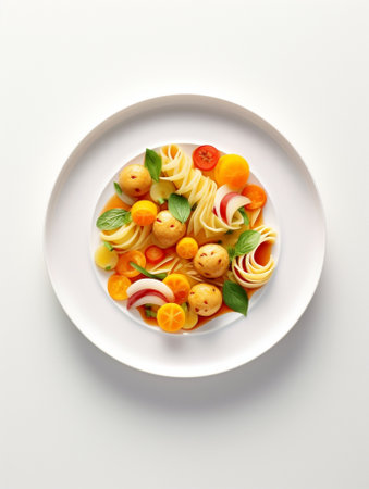 Generative AI : chicken meat with yellow rise and vegetables on white plate asia food compositionの素材