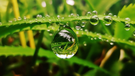 Generative AI : drops on green plant reflection in waterの素材