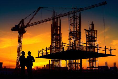 Generative AI : crane and building construction black silhouette on sunrise sky backgroundの素材