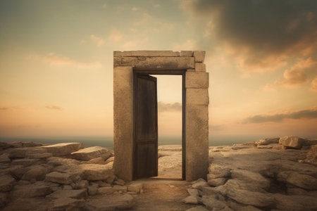 Generative AI : old brick wall with opened door to sunset skyの素材