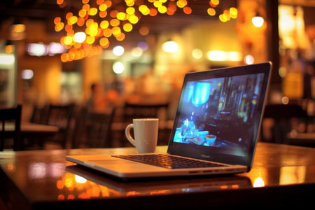 Generative AI : laptop on the table in a night clubの素材