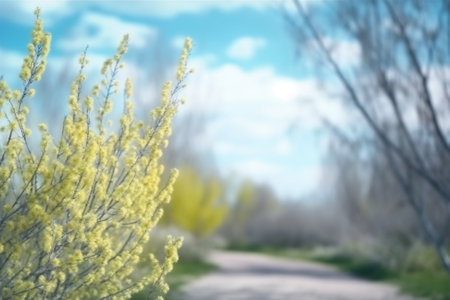 Generative AI : Blooming willow branch in springtime seasonal sunny easter backgroundの素材