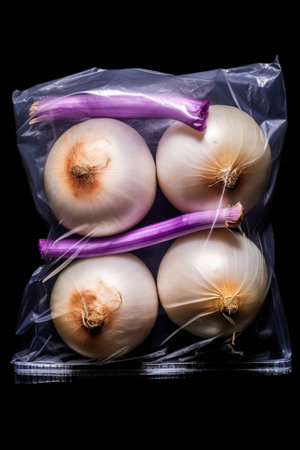Generative AI : three onions in vacuum pack isolated on white background with clipping pathの素材