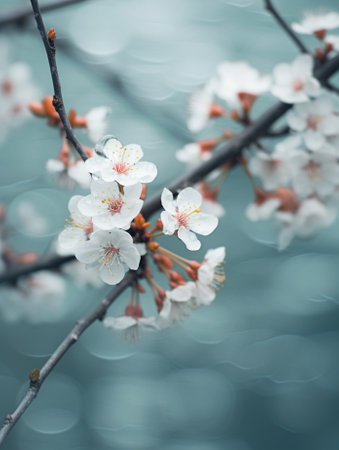 Generative AI : Apricot tree flower with buds blooming at sptingtime and water reflection vintage retro floral backgroundの素材