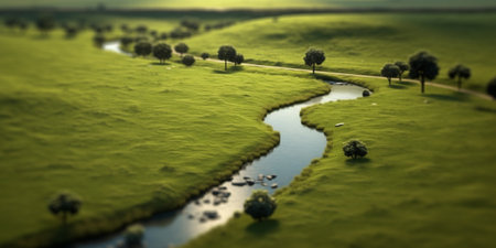 Generative AI : Aerial landscape of winding river in green field top view of beautiful nature background from drone seasonal summer landscape with copy spaceの素材