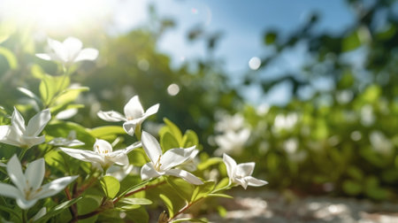 Generative AI : Jasmine flower growing on the bush in garden with sun rays and water reflectionの素材