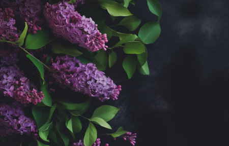 Generative AI : Branch of lilac flowers with green leaves floral natural vintage hipster backgroundの素材