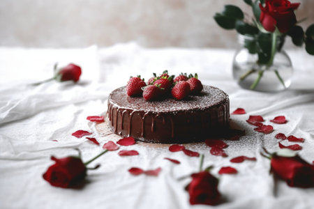 Generative AI : Heart shaped brownie with cake on the dish with rose petalsの素材