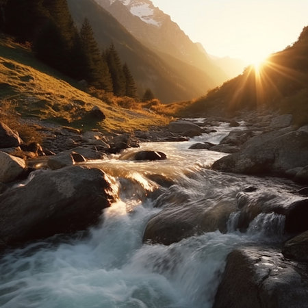 Generative AI : Mountain fast flowing river stream of water in the rocksの素材
