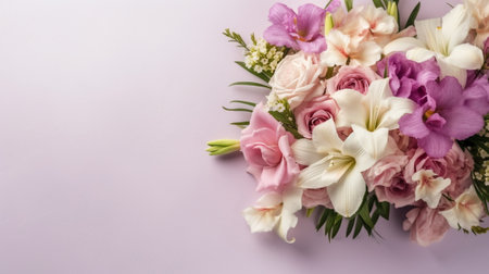 Generative AI : Bouquet of summer flowers with violet bokeh and copy space horizontal floral backgroundの素材