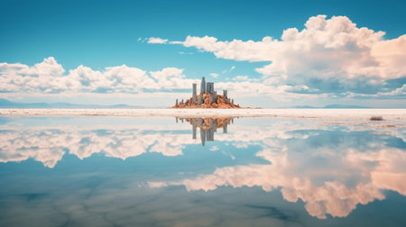 Generative AI : Beautiful salt lake with blue and pink water white clouds and wooden posts natural landscape amazing backgroundの素材