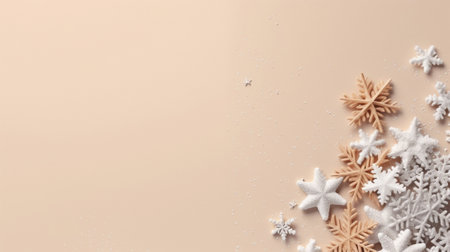 Generative AI : gold christmas background text frame with white stars snow flakes sparkles and copy space for textの素材