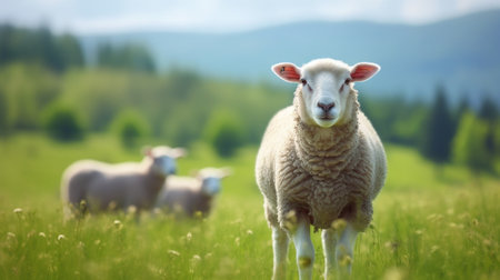 Generative AI : Single white sheep grazing at green meadow natural agriculture backgroundの素材