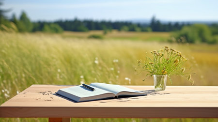 Generative AI : notepad on wooden table with nature countryside blurred backgroundの素材