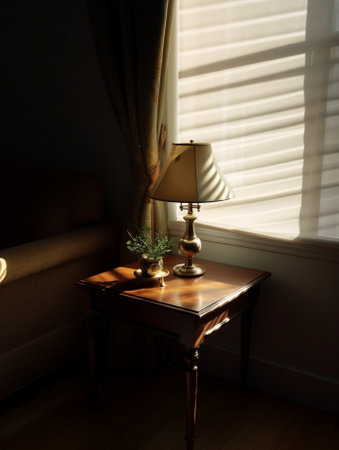 Generative AI : lamp and notebook on table in old room with big windowsの素材