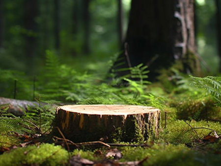 Generative AI : stump stack pine wood trunks on the green forest backgroundの素材