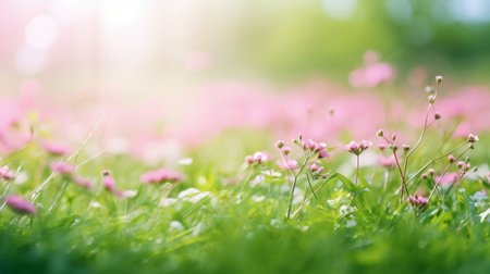Generative AI : pink flowers on green grass backgroundの素材