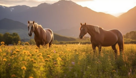 Generative AI : Bay horse with foal grazes in the mountains at sunset natural backgroundの素材