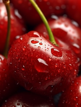 Generative AI : Background from sweet fresh wet red cherry macro imageの素材