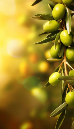 Generative AI : Olive tree with fruits natural agricultural food background with water reflectionの素材