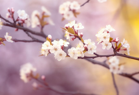 Generative AI : Blossoming of cherry flowers in spring time natural seasonal floral background Macro imageの素材