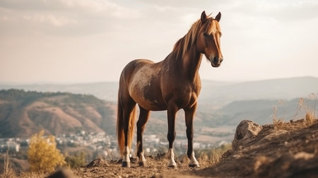 Generative AI : Beautiful bay horse herd grazes in the mountains at sunset amazing hipster sunny natural backgroundの素材