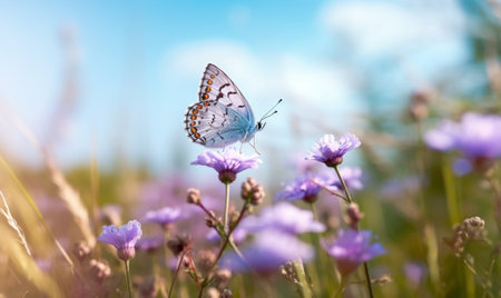 Generative AI : Blue butterfly sitting on meadow violet flowerの素材
