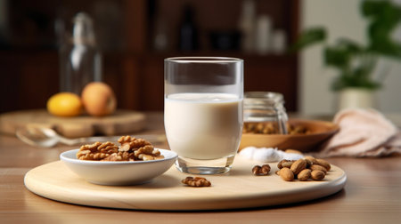 Generative AI : Glass of milk with cottage cheese on dish and chicken egg protein setの素材