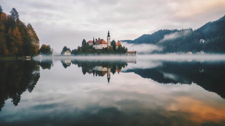 Generative AI : Church of Assumption in Lake Bled Slovenia with blue sky and clouds in the autumnの素材