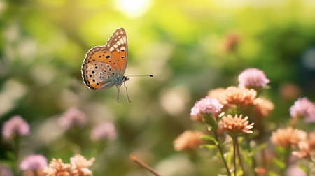 Generative AI : Thymus healing herb and condiment growing in nature with butterflyの素材